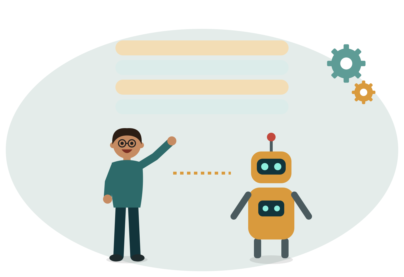 Un développeur et un robot travaillent ensemble devant des lignes de données, des engrenages en mouvement.