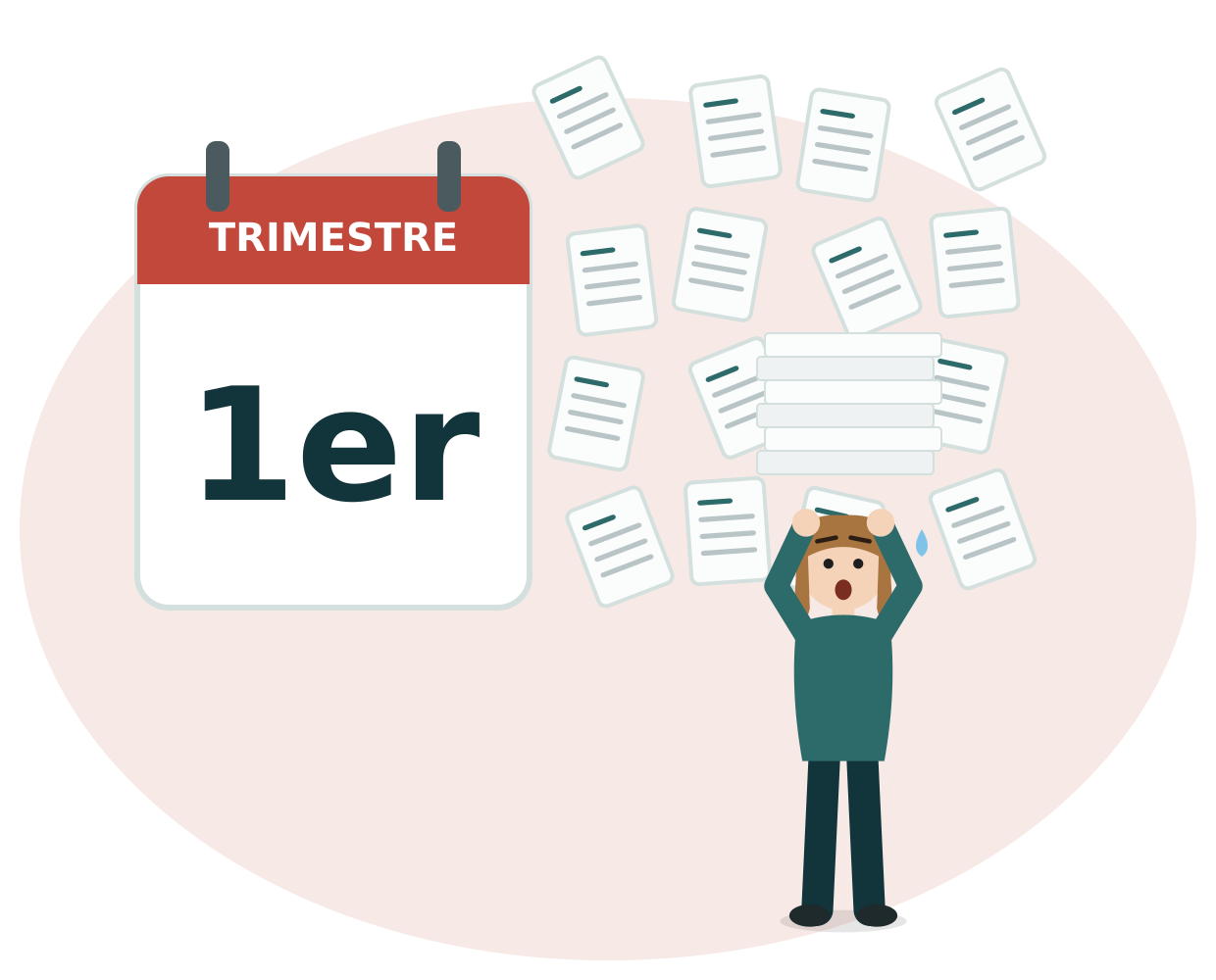 Un calendrier marqué « Trimestre, 1er » et une gestionnaire submergée par une pluie de documents.