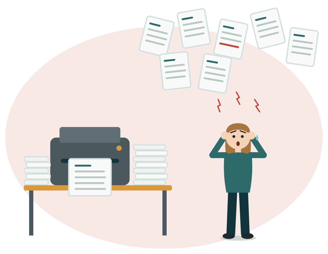 Une imprimante entourée de piles de documents, d'autres feuilles qui volent, une gestionnaire débordée.