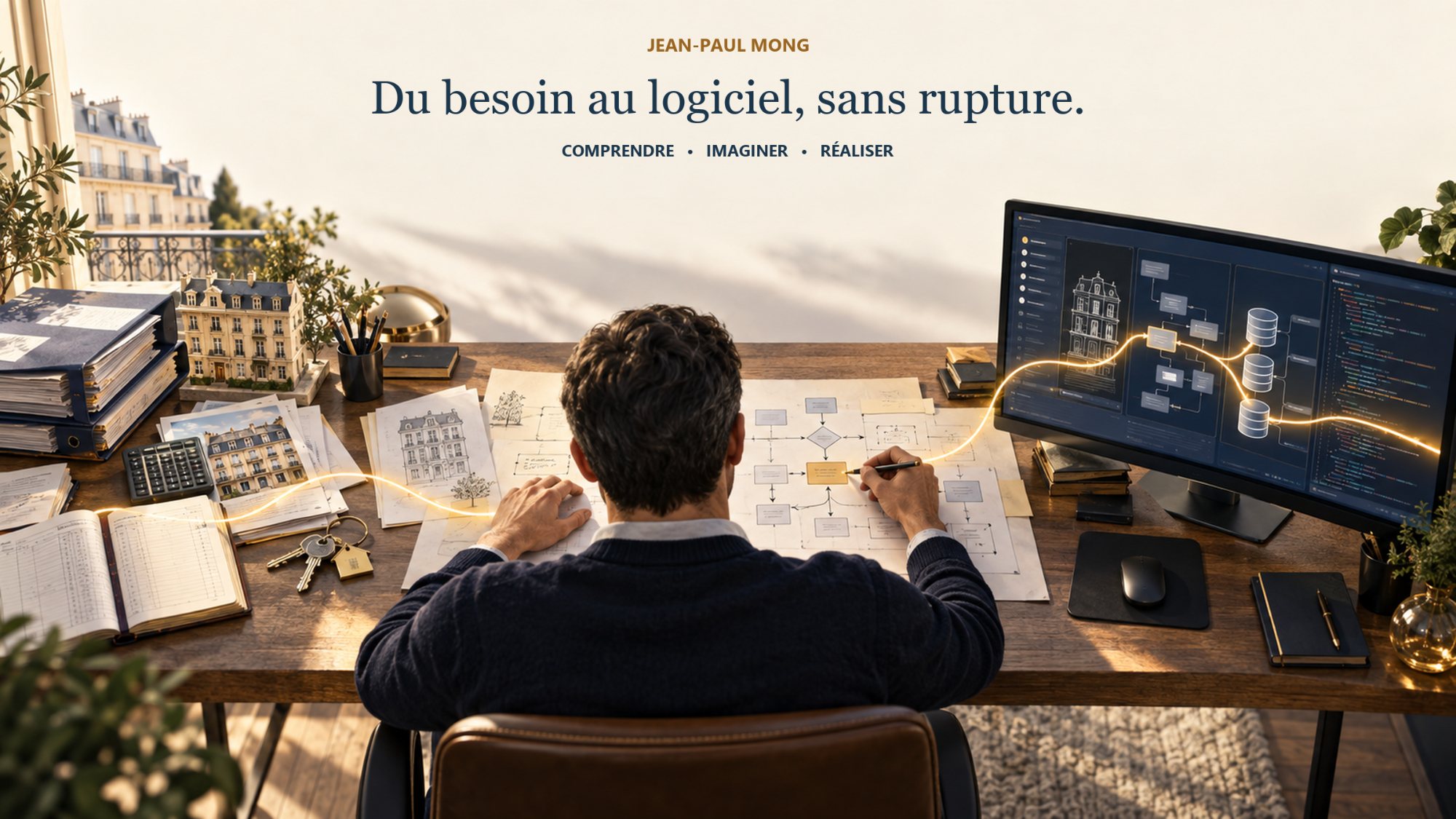 Jean-Paul Mong de dos à son bureau : dossiers de copropriété et registres à gauche, schémas de processus au centre, architecture et code à l'écran à droite, reliés par un même fil.