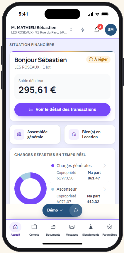 L'extranet SyndiLibre sur iPhone : solde du copropriétaire, assemblée générale, charges réparties en temps réel.