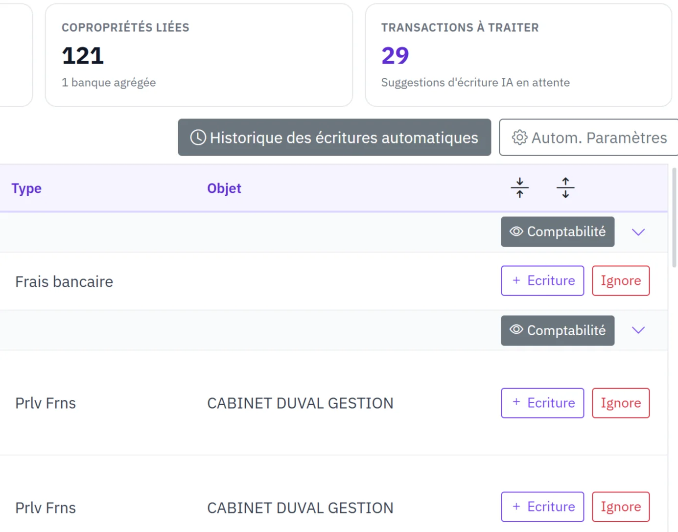 Écran réel Finances, Banques, onglet Écriture par IA : 29 suggestions d'écriture en attente ; pour chaque mouvement bancaire, le type reconnu par l'IA et un bouton Écriture.