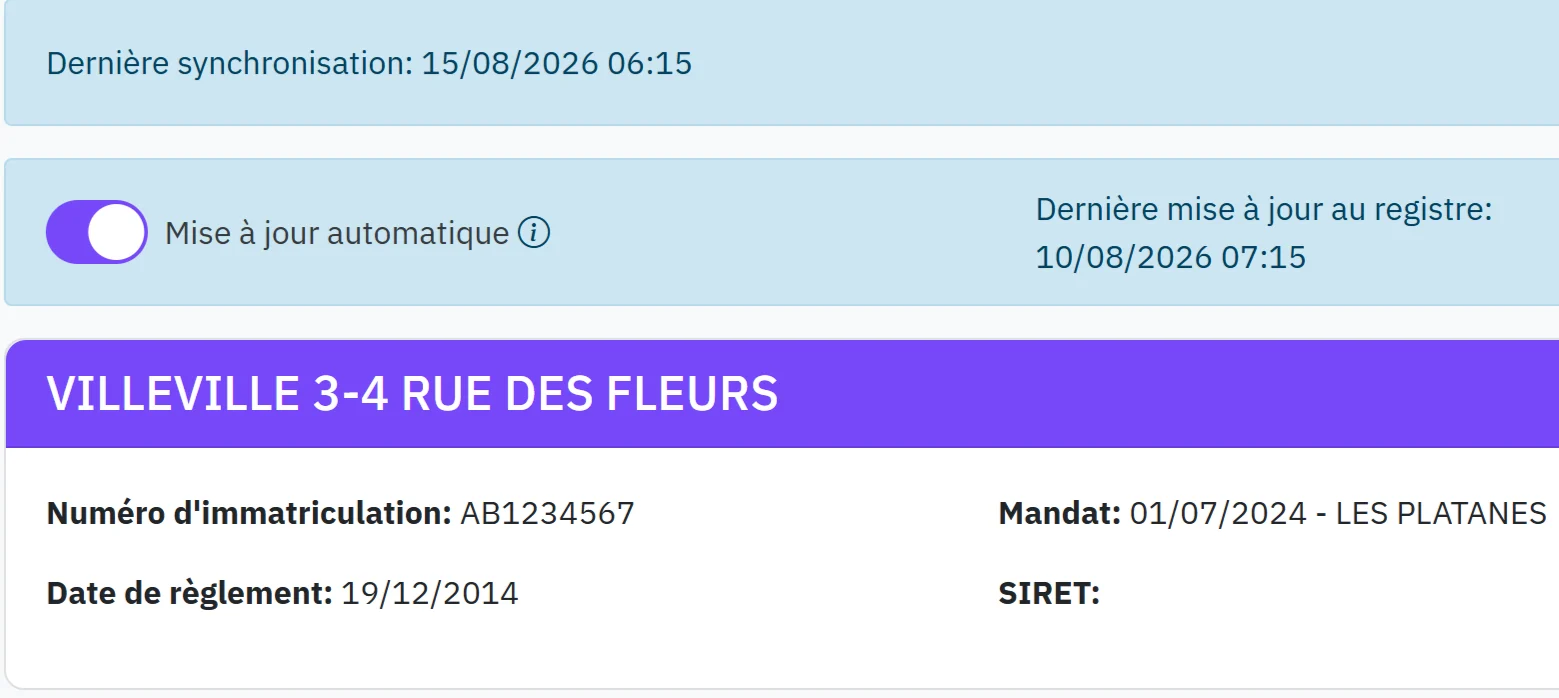 Écran réel de la fiche registre d'une copropriété : l'interrupteur Mise à jour automatique est activé, avec la date de dernière synchronisation et celle de la dernière mise à jour au registre.