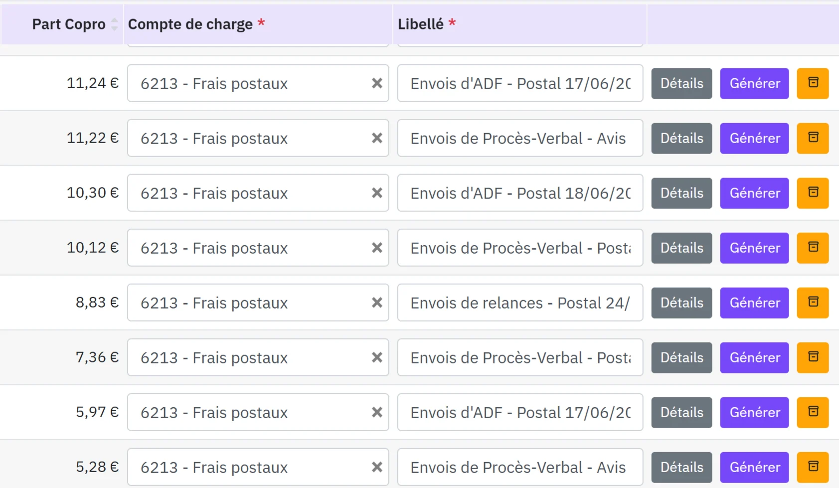Écran réel Comptabilité, Honoraires, onglet Refacturation copropriétés : la part de chaque copropriété, le compte 6213 Frais postaux et l'envoi d'origine, avec un bouton Générer.