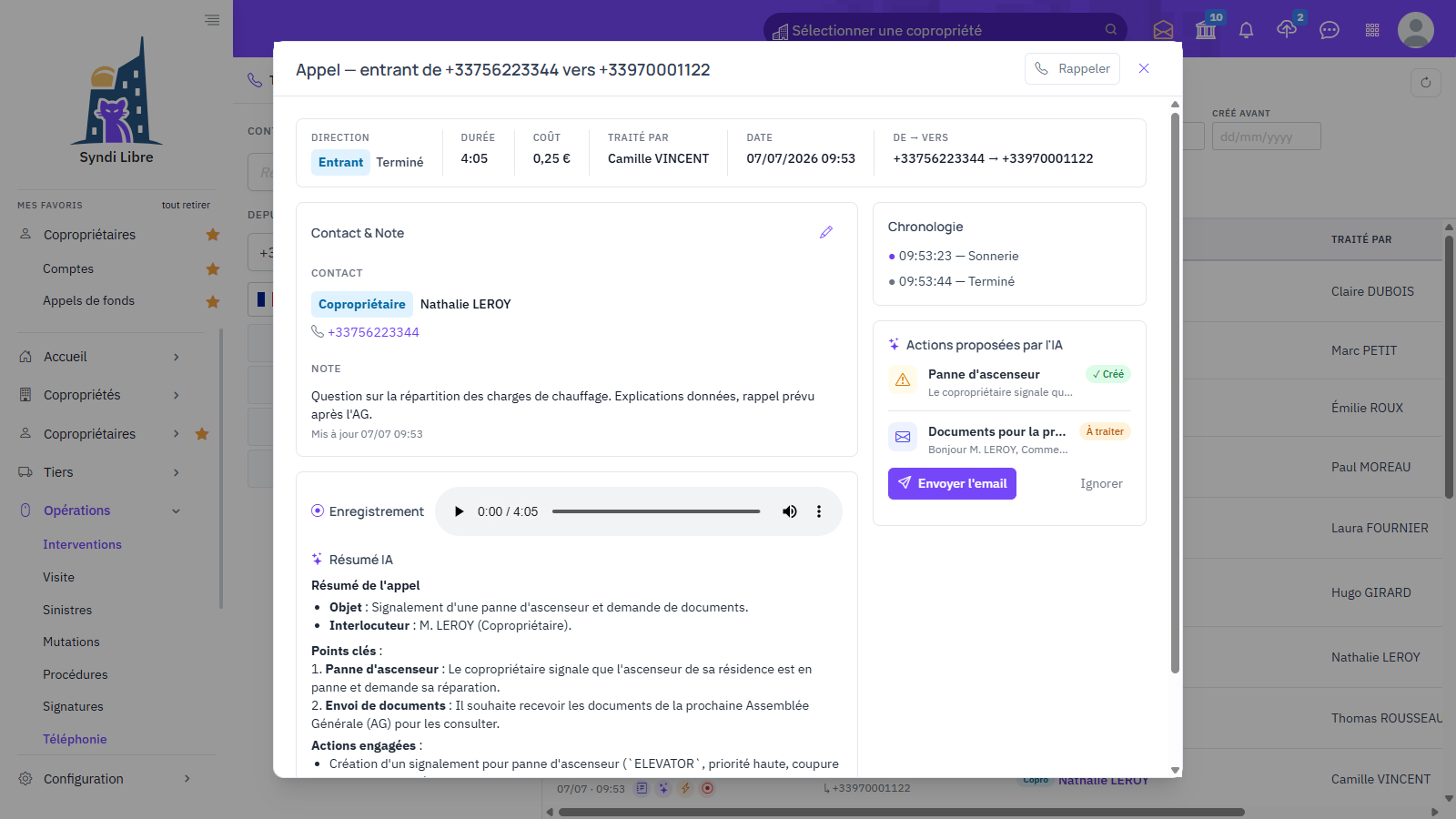Détail d'un appel entrant : contact, note, enregistrement, résumé IA, chronologie et actions proposées par l'IA, avec un signalement Panne d'ascenseur créé et un e-mail de documents à traiter.