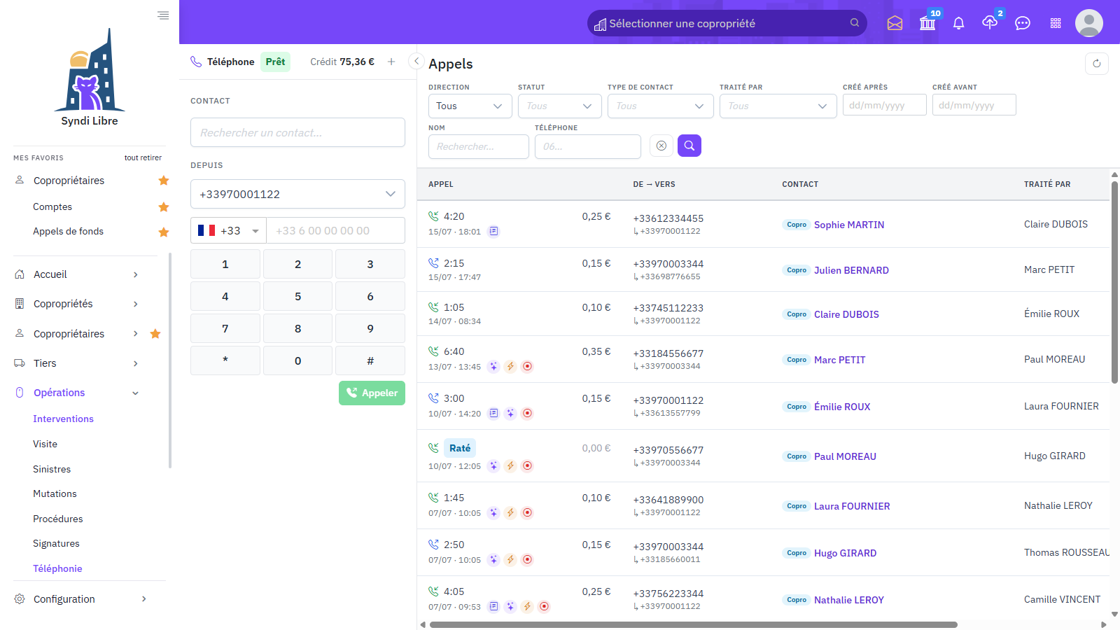Journal des appels de SyndiLibre : composeur à gauche, liste des appels avec durée, coût, numéros, contact et gestionnaire, filtres par direction, statut et date.