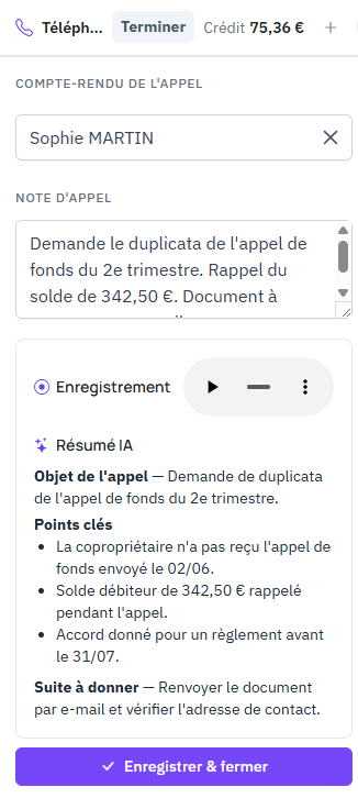 SyndiLibre, écran Téléphonie : le compte rendu d’un appel de copropriétaire, avec la note d’appel, l’enregistrement et le résumé de l’IA : objet de l’appel, points clés, suite à donner.