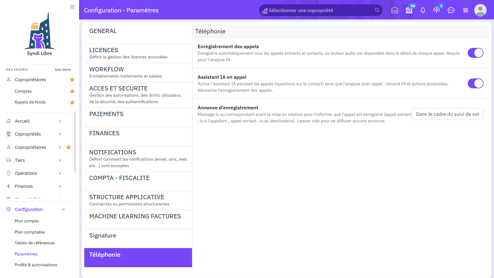 Paramètres de téléphonie : interrupteurs Enregistrement des appels et Assistant IA en appel, champ Annonce d'enregistrement.